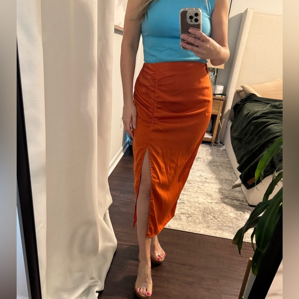 Elegant Burnt Orange Silky Midi Skirt High Slit - Picture 5 of 6